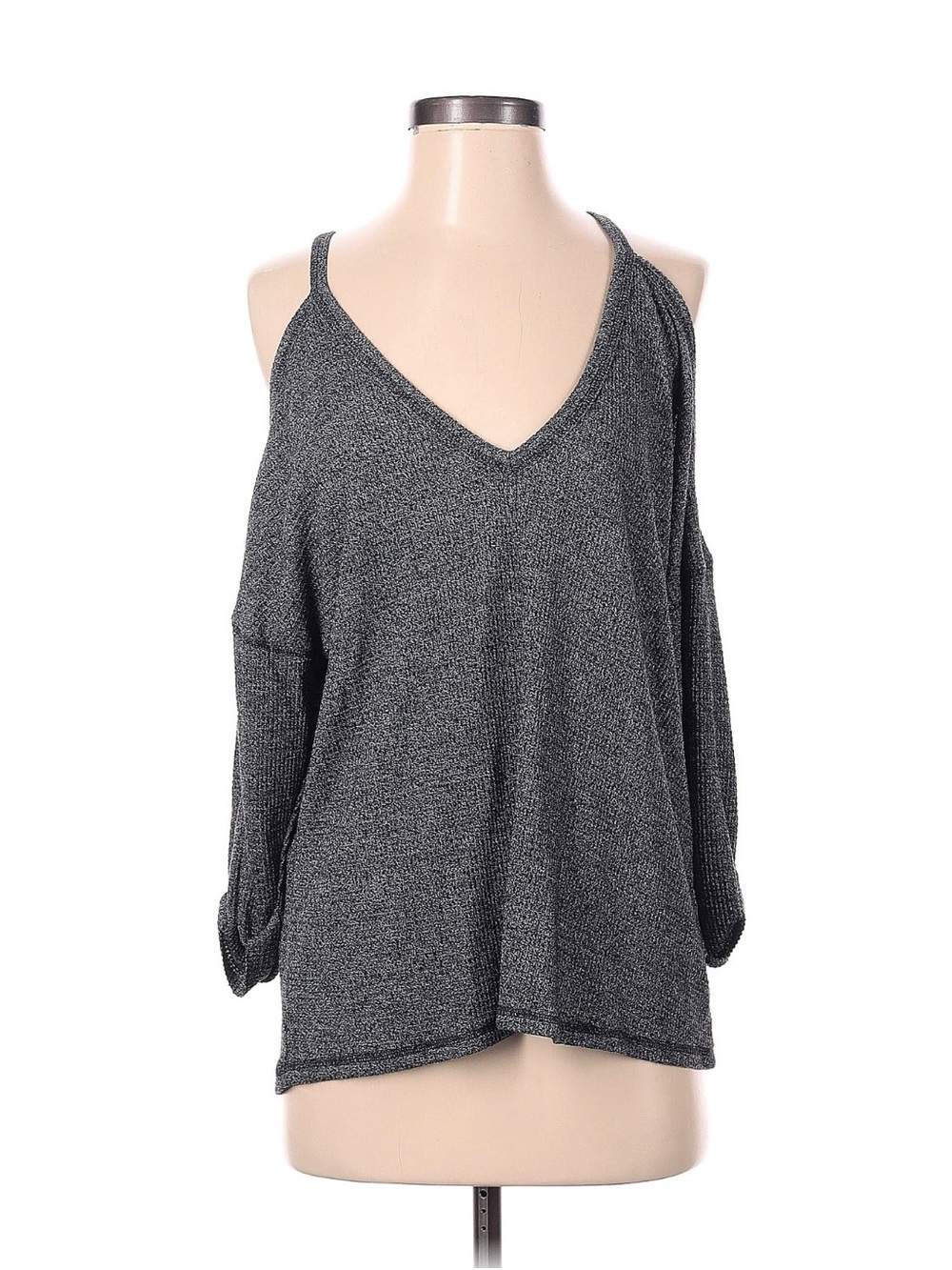 Free People Black Gray Cold Shoulder V-Neck Knit Top Size S